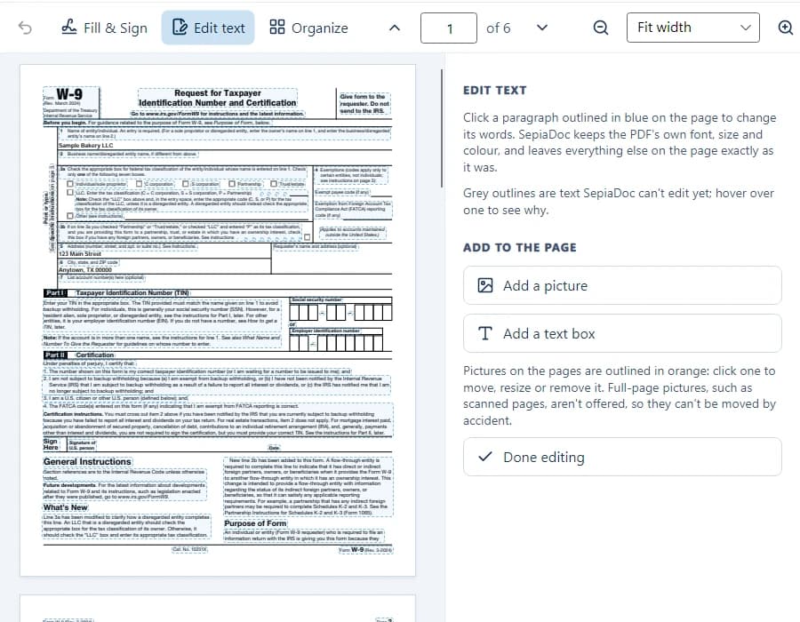 SepiaDoc editing the text of a W-9 form, each paragraph outlined and the Edit text panel open