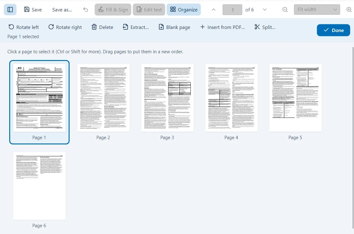 SepiaDoc's page organizer showing six pages with rotate, delete, extract and split buttons
