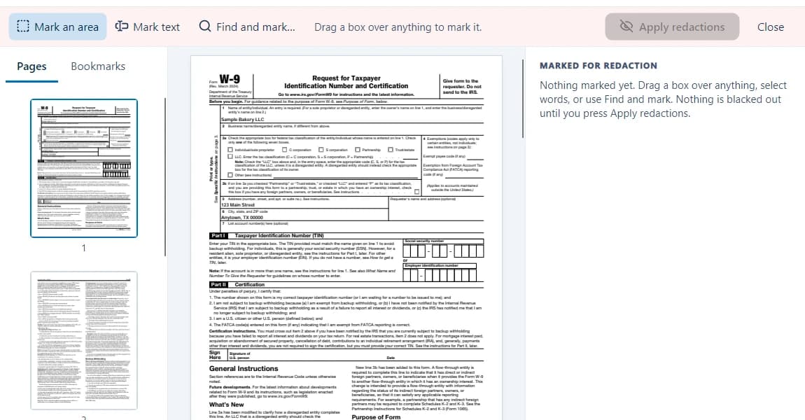 SepiaDoc's redaction toolbar: mark an area, mark text, or find and mark, then apply